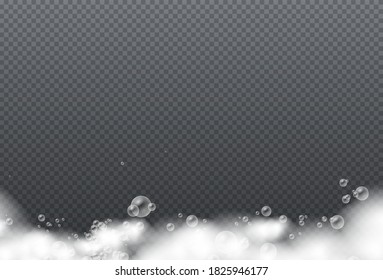 Gel or shampoo bubbles overlay suds texture, set of bath foam with shampoo bubbles and soap, soap foam isolated on transparent background, vector illustration, eps 10.