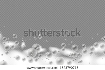 Gel or shampoo bubbles overlay suds texture, soap foam isolated on transparent background, set of bath foam with shampoo bubbles and soap, vector illustration, eps 10.