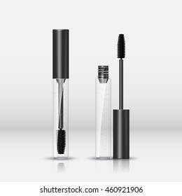 Gel for styling eyebrows. Cosmetic product for the care of eyebrows and eyelashes. The transparent gel. Set of open and closed tube with a brush. Vector illustration