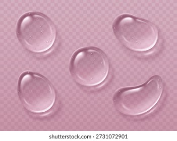 Gel texture smears with transparent water droplets on pink background. Clear serum puddles and bubbles for cosmetic skincare illustration. Realistic gel blobs with glossy surface and moisture effect.