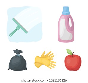 Gel for washing in a pink bottle, yellow gloves for cleaning, a brush for glass, a black bag for garbage or waste. Cleaning set collection icons in cartoon style vector symbol stock illustration web.