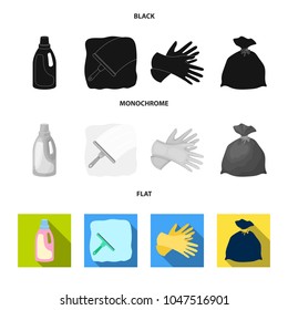 Gel for washing in a pink bottle, yellow gloves for cleaning, a brush for glass, a black bag for garbage or waste. Cleaning set collection icons in black, flat, monochrome style vector symbol stock