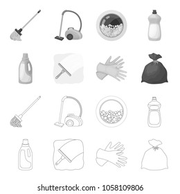 Gel for washing in a pink bottle, yellow gloves for cleaning, a brush for glass, a black bag for garbage or waste. Cleaning set collection icons in outline,monochrome style vector symbol stock