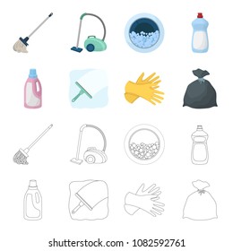 Gel for washing in a pink bottle, yellow gloves for cleaning, a brush for glass, a black bag for garbage or waste. Cleaning set collection icons in cartoon,outline style vector symbol stock