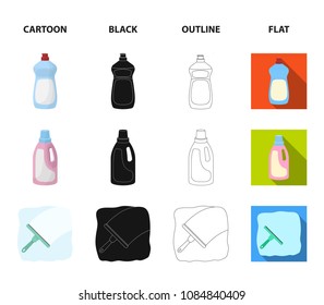 Gel for washing in a pink bottle, yellow gloves for cleaning, a brush for glass, a black bag for garbage or waste. Cleaning set collection icons in cartoon,black,outline,flat style vector symbol stock