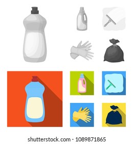 Gel for washing in a pink bottle, yellow gloves for cleaning, a brush for glass, a black bag for garbage or waste. Cleaning set collection icons in monochrome,flat style vector symbol stock