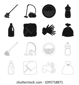 Gel for washing in a pink bottle, yellow gloves for cleaning, a brush for glass, a black bag for garbage or waste. Cleaning set collection icons in black,outline style vector symbol stock illustration