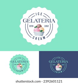 Gelateia logo. Wawy badge with letters and some scoops of ice cream rounded frame.