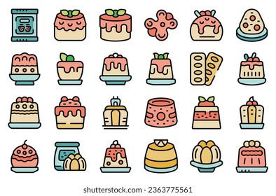 Gelatin icons set outline vector. Health dessert. Delicious kids thin line color flat on white isolated