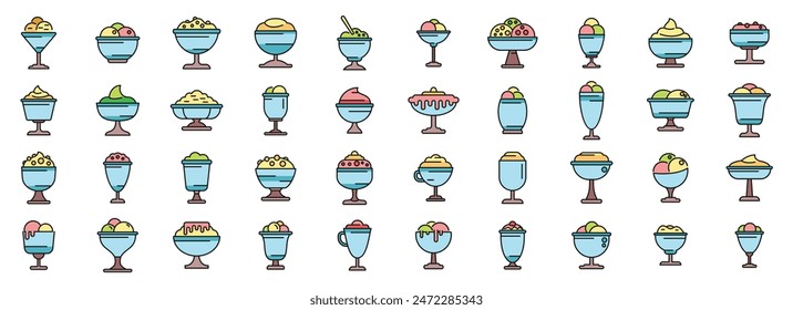 Iconos del cuenco del gelato establecen el Vector del contorno. Helado. Conce taza de línea fina de color plano sobre blanco