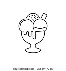 Gelato bowl with thin line icon. Soft serve ice cream, spoon, summer menu outline sign isolated. Food and dessert concept.