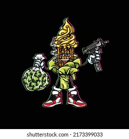 gelato corn ice cream vector hold gun, weed nug bag and smoking blunt cannabis bud flower marijuana and happy face