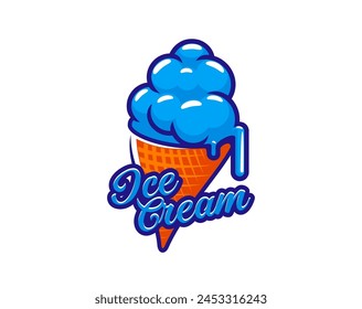 Gelato dessert, blue ice cream waffle cone icon. Vector isolated emblem featuring vibrant summer food scoops and melting drips on a crispy wafer. Tempting frozen delight, refreshing icecream snack