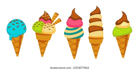 Gelato flavors, isolated ice cream tastes variety. Isolated frozen dessert with different colors and chocolate topping. Nut pieces and sprinkles, cookies on top. Snacks in gelateria. Vector in flat 