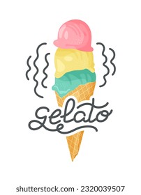 Gelato. Hand drawn lettering with ice cream. Summer vector slogan