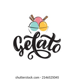 Gelato hand drawn text. Modern brush calligraphy, lettering typography. Template for cafe, menu. Design for logo, badge, sticker, label, emblem, stamp. Vector illustration isolated on white background