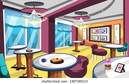 Gelato Ice Cream Cafe With Fancy Chair And Table, Classic Lamp, Big Windows, Artistic Wall Picture For Vector Illustration Interior Ideas