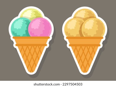 Gelato. Ice cream cone with three scoops. Vector clipart.