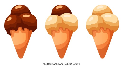 Gelato. Ice cream cone with three scoops. Vector clipart.