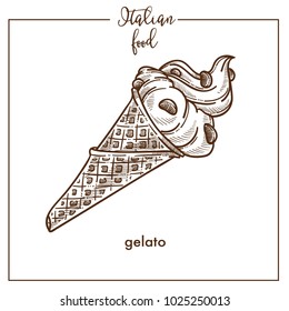 Gelato ice cream wafer cone sketch vector icon for Italian gelateria dessert cuisine food menu design