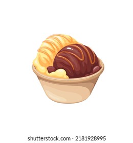 Gelato, ilustración vectorial de helado italiano. Bola de vidrio aislada de dibujos animados con gelato, bolas blandas de sundae cremoso con sabor a vainilla y chocolate, receta de postre congelado y bocadillo de Italia