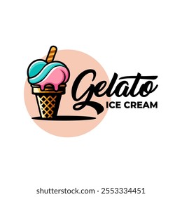 Gelato logo design vector illustration template. Delicious Italian strawberry ice cream