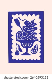 Gelato stamp, hand drawn Amalfi coast summer doodle print. Beach, marine and Mediterranean vibes. Retro postcard clipart in coastal naive minimal design. Perfect for travel, fashion and decor