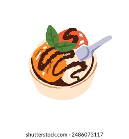 Gelato, sundae with spoon in bowl. Balls of ice cream in cup. Tasty icecream, sorbet. Summer frozen dessert, sweet, cold food, treat. Flat isolated hand drawn vector illustration on white background