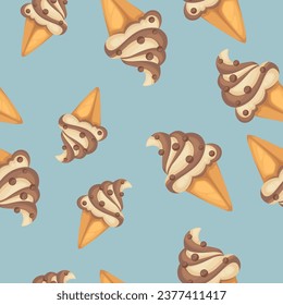 Gelato with sweet sprinkles. Ice cream with crunchy wafer cone and chocolate flavor. Summer dessert or meal for hot season. Seamless pattern, wallpaper or background print. Vector in flat style