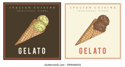 Gelato in waffle cone italian ice cream frozen dessert pistachio and chocolate