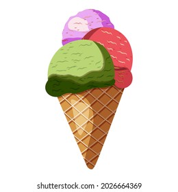 Gelato in waffle cone. Purple, pink red, green pistachio ice cream scoop.