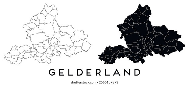 Gelderland, Netherlands map of regions districts vector black on white and outline