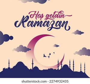 hoş geldin ya şehri ramazan.
mosque and moon vector. translation: welcome ramadan.