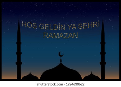 Hoş geldin ya şehri Ramazan (Translate: Welcome month of ramadan) lettering hanging on Mosque's mahya vector. Mahya is an enlightenment arrangement during ramadan nights between two minarets.