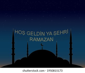 Hoş geldin ya şehri Ramazan (Translate: Welcome month of ramadan) lettering hanging on Mosque's mahya vector. Mahya is an enlightenment arrangement during ramadan nights between two minarets.