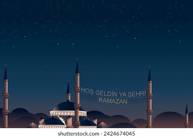 Hoş geldin ya şehri Ramazan (Translate: Welcome month of ramadan) lettering hanging on Mosque's mahya vector. Mahya is an enlightenment arrangement during ramadan nights between two minarets.