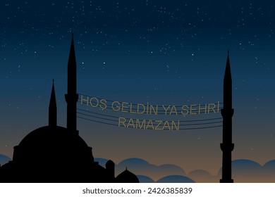 Hoş geldin ya şehri Ramazan (Translate: Welcome month of ramadan) lettering hanging on Mosque's mahya vector. Mahya is an enlightenment arrangement during ramadan nights between two minarets.