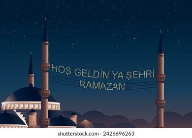 Hoş geldin ya şehri Ramazan (Translate: Welcome month of ramadan) lettering hanging on Mosque's mahya vector. Mahya is an enlightenment arrangement during ramadan nights between two minarets.