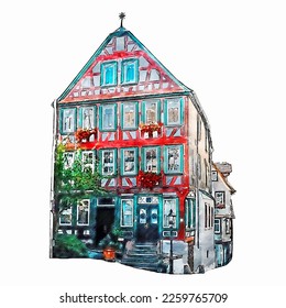 Gelnhausen germany watercolor hand drawn illustration isolated on white background