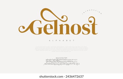 Gelnost letras y números de alfabeto elegantes de lujo premium. Elegante tipografía de boda clásica serif fuente decorativa vintage retro. Ilustración vectorial creativa