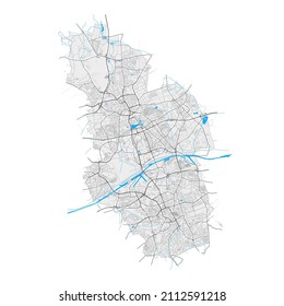 Gelsenkirchen, North Rhine-Westphalia, Germany high resolution vector map with city boundaries and editable paths. White outlines for main roads. Many detailed paths. Blue shapes and lines for water.