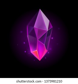 Gem Or Crystal. Purple Magic Gemstone. Precious Gem Icon. Luxury Symbol On The Black Background