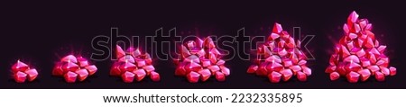 Gem crystals growing pile game assets. Red glow gemstones, mine treasure heap evolution from small to large. Jewelry graphic elements, ui or gui pirate loot, trophy, Cartoon vector illustration, set