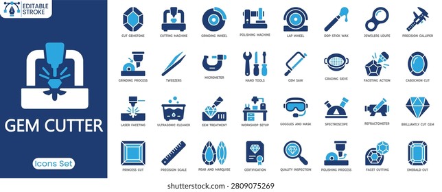 Gem cutter icon set. Containing gemstone cutting, grinding wheel, polishing machine, jeweler's loupe, precision caliper, laser faceting and more. Solid vector icons collection
