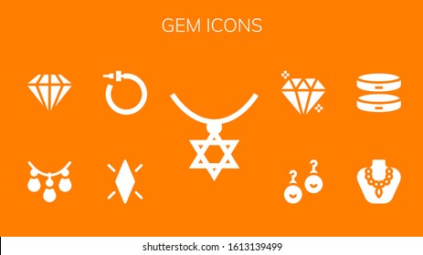 gem icon set. 9 filled gem icons. Included Necklace, Diamond, Earrings, Bracelet, Gem icons