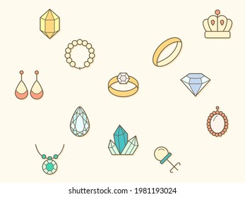 gema y elemento de joyería Ilustración vectorial. gema, diamante, cristal, pera, anillo, corona, jarrón, broche y más. Ilustración plana.
