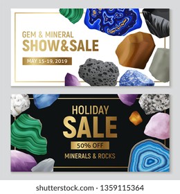 Gem minerals and rocks realistic horizontal banners with advertising of sale and colorful stone images vector illustration