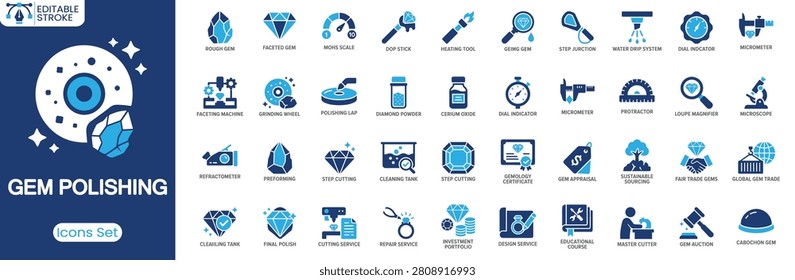 Gem Polishing icon set. Containing rough gem, faceting machine, grinding wheel, final polish, gem appraisal and more. Solid vector icons collection