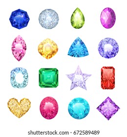 Gem Realistic Icon Set With Different Sizes And Colors Ruby Diamond Sapphire Vector Illustration