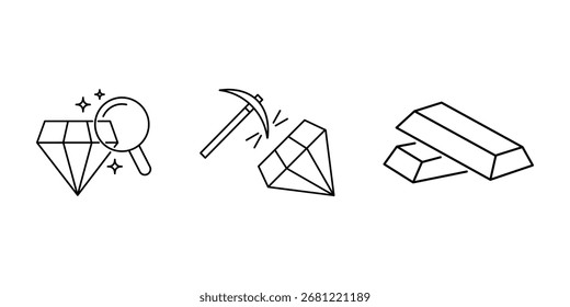 Búsqueda de gemas, minería de diamantes barra de oro tesoro geología recurso icono conjunto de Ilustración vectorial.